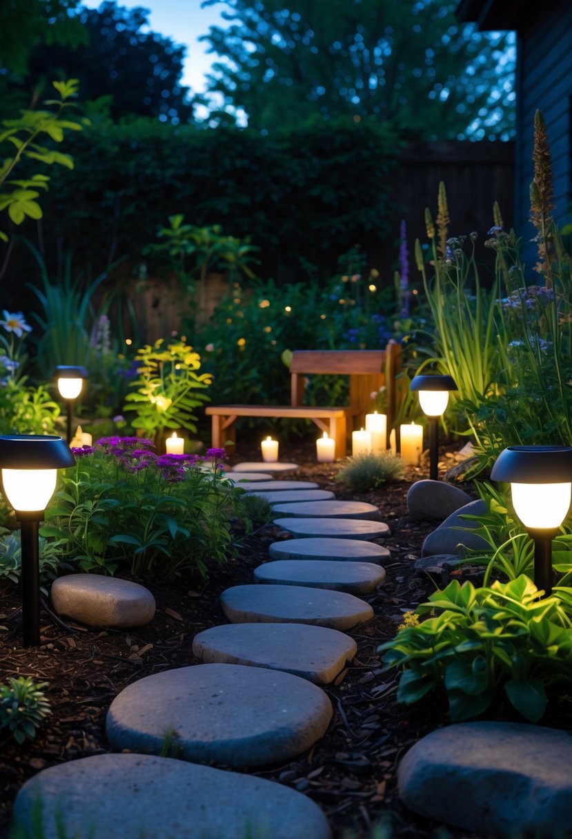 A backyard garden at dusk with solar-powered lights illuminating a peaceful prayer area surrounded by plants and a small bench.
