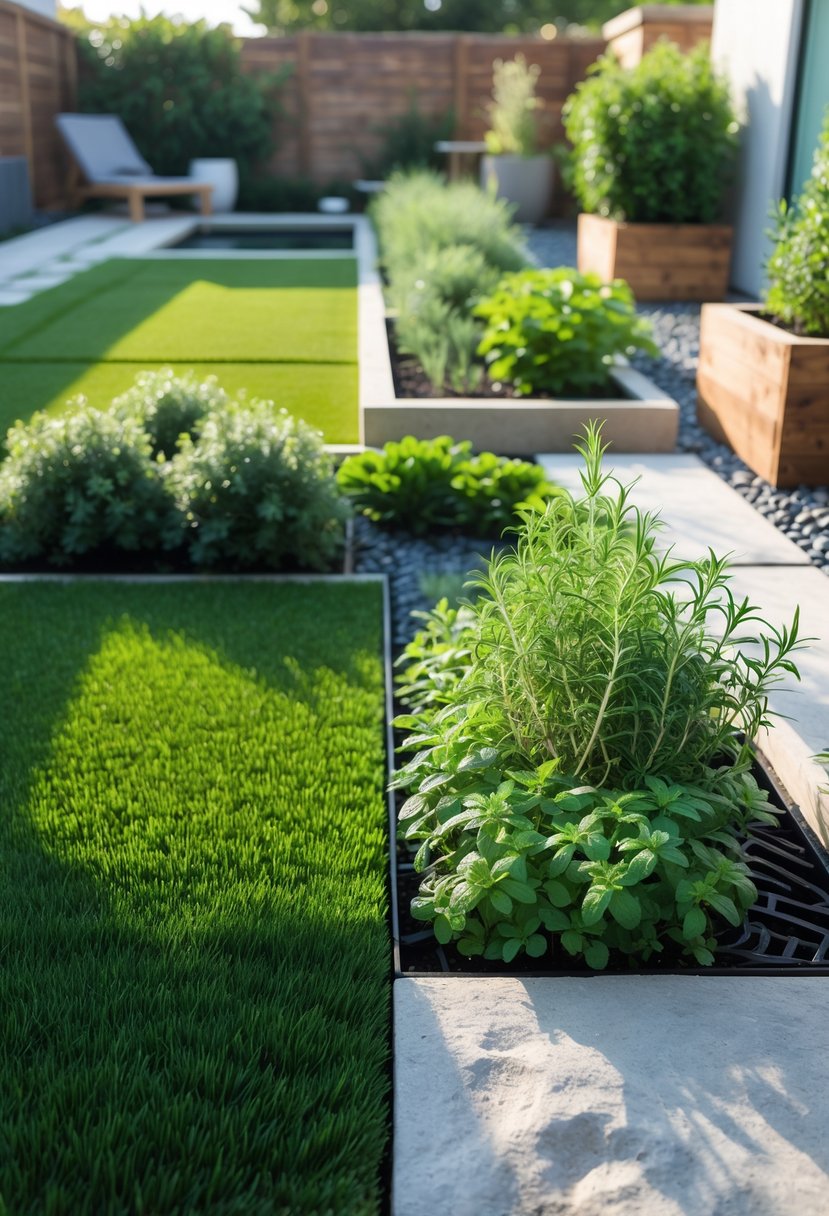 A low-maintenance garden with artificial grass and herb plants arranged with stone pathways and wooden planters.