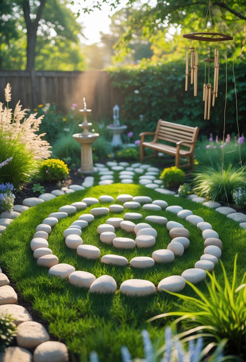 A small spiral stone path in a peaceful backyard garden surrounded by grass, flowers, shrubs, and trees with a wooden bench and a water fountain nearby.
