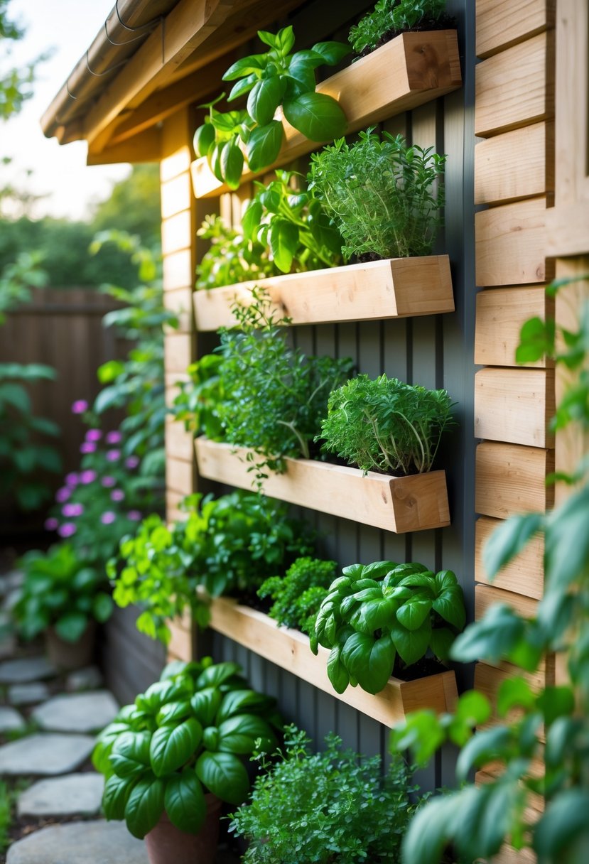 Vertical garden wall with potted herbs attached to the exterior of a garden shed surrounded by plants and a stone pathway.