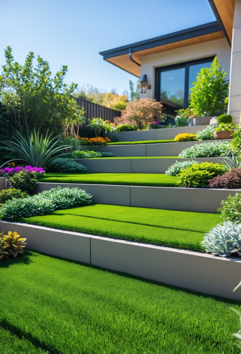A multi-level garden with colorful fake grass terraces, bordered by stone edges and decorated with plants and flowers under a clear sky.