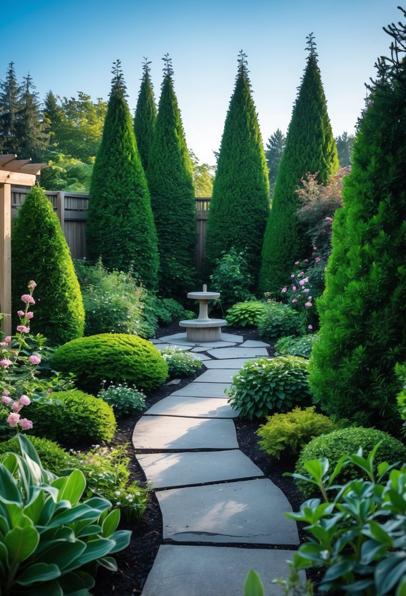 A peaceful backyard garden with dense evergreen shrubs, a stone pathway, and a small prayer altar surrounded by greenery.