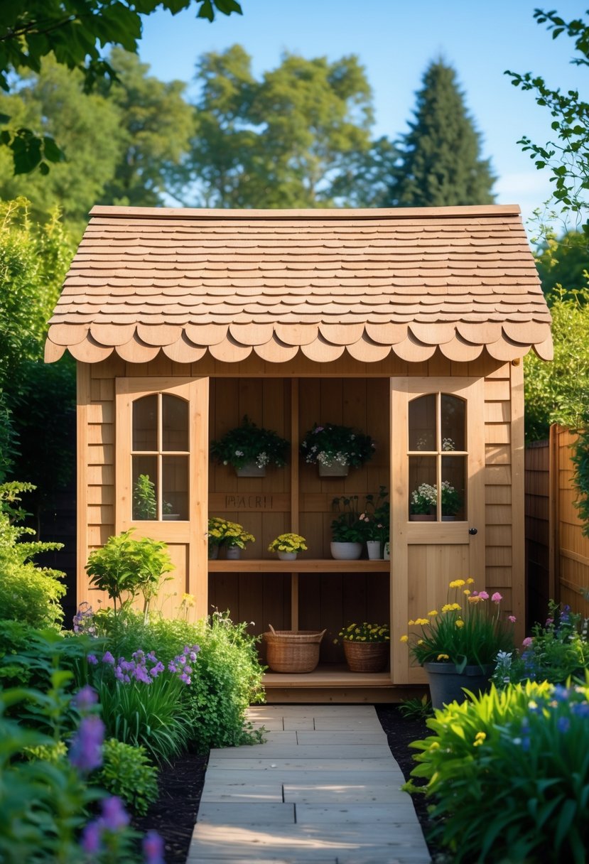 A garden shed with a shingled roof featuring scalloped edges surrounded by green plants and flowers under a clear sky.