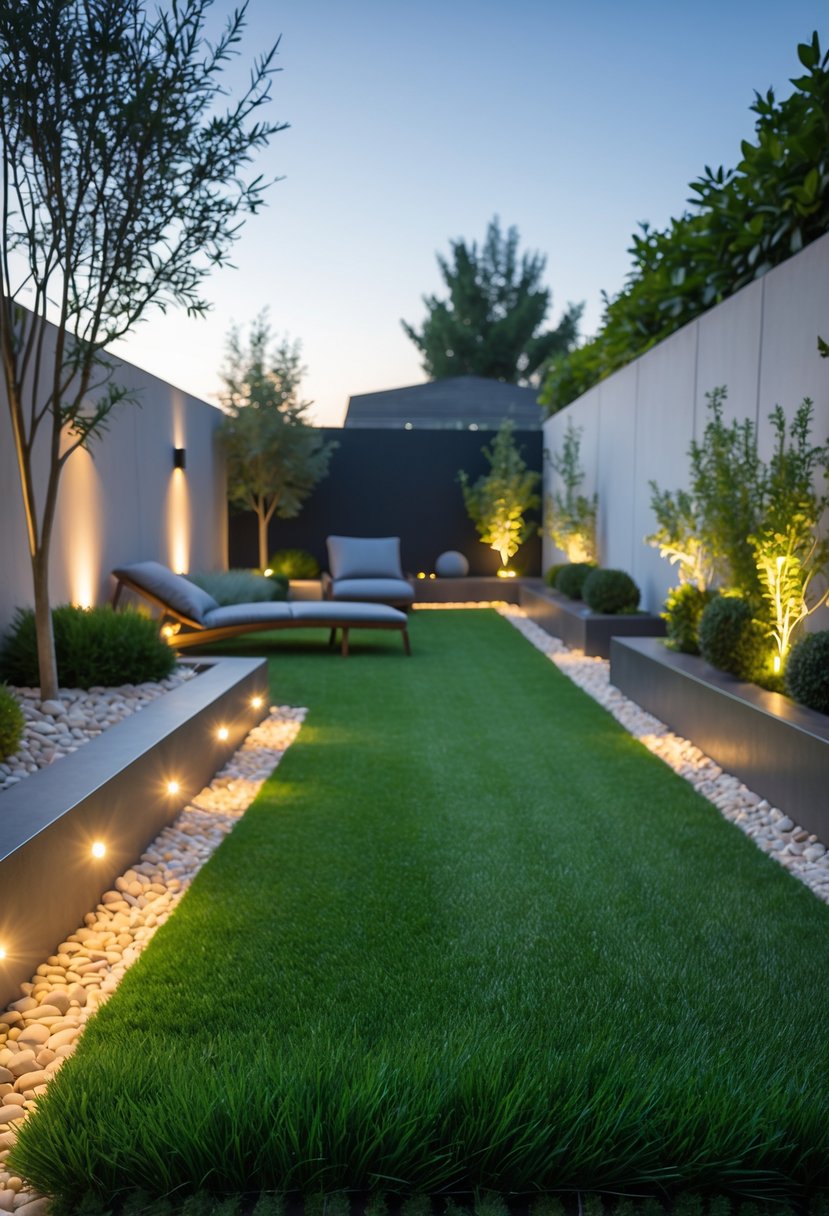 A neatly maintained garden with artificial grass illuminated by built-in soft lights, surrounded by plants and modern outdoor furniture.