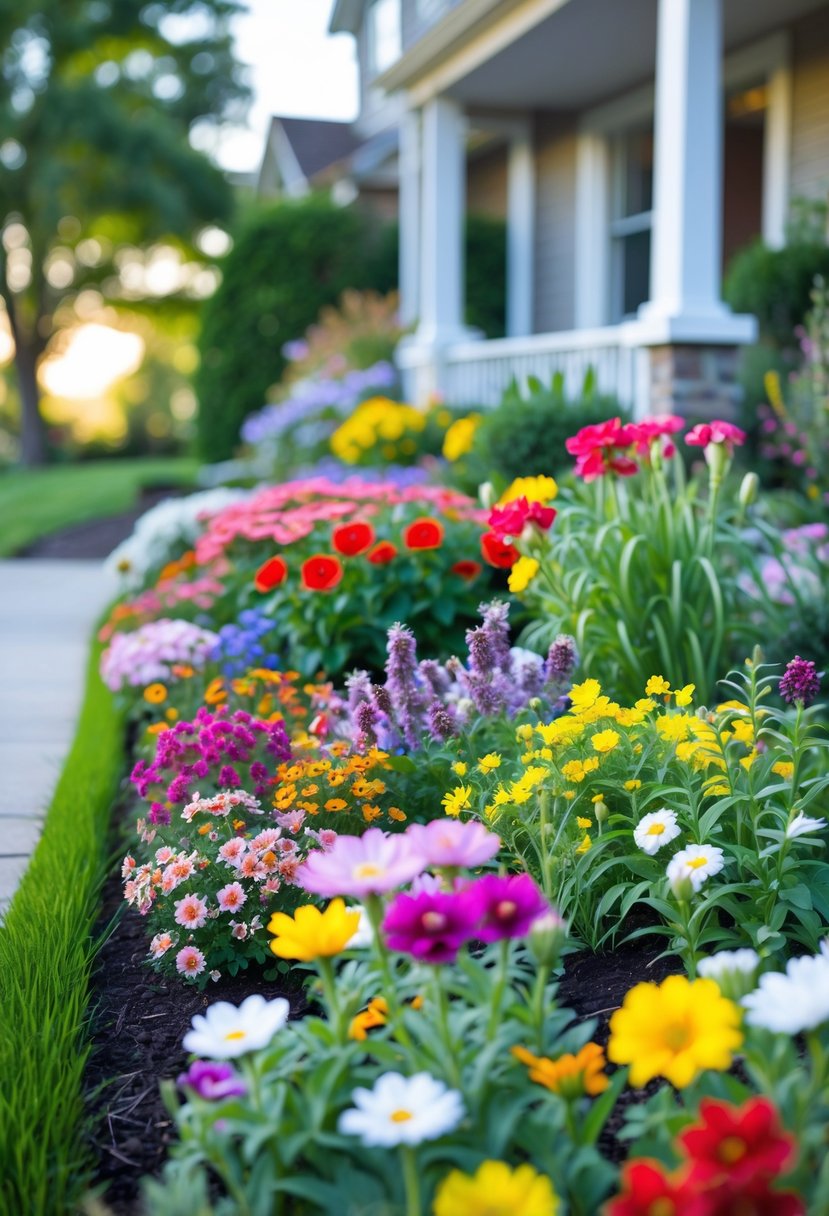 A colorful flower bed filled with various blooming perennial flowers in front of a house with a green lawn and pathway.