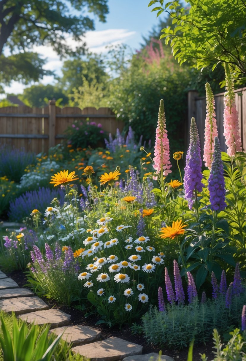 A backyard cottage garden filled with a variety of colorful perennial flowers, green plants, a wooden fence, and a stone pathway under a clear sky.