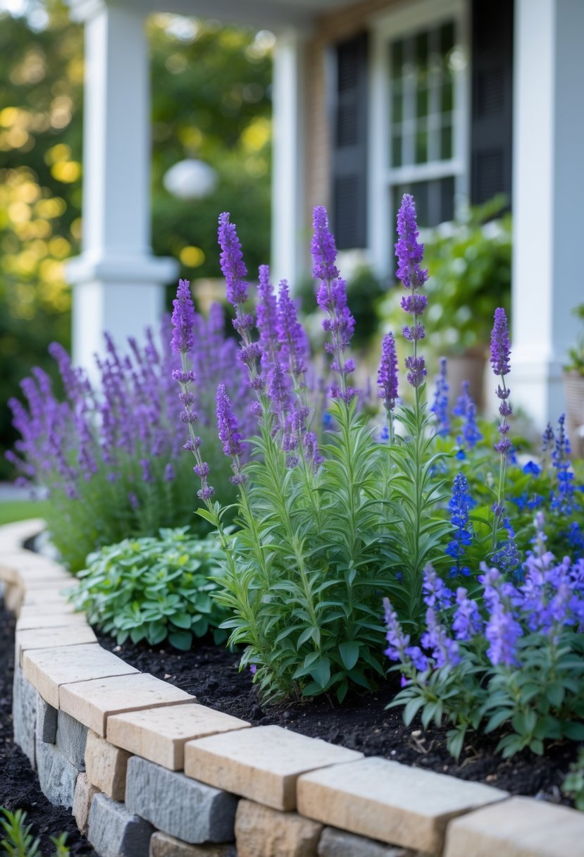A raised garden bed with blooming lavender and salvia flowers in front of a house.