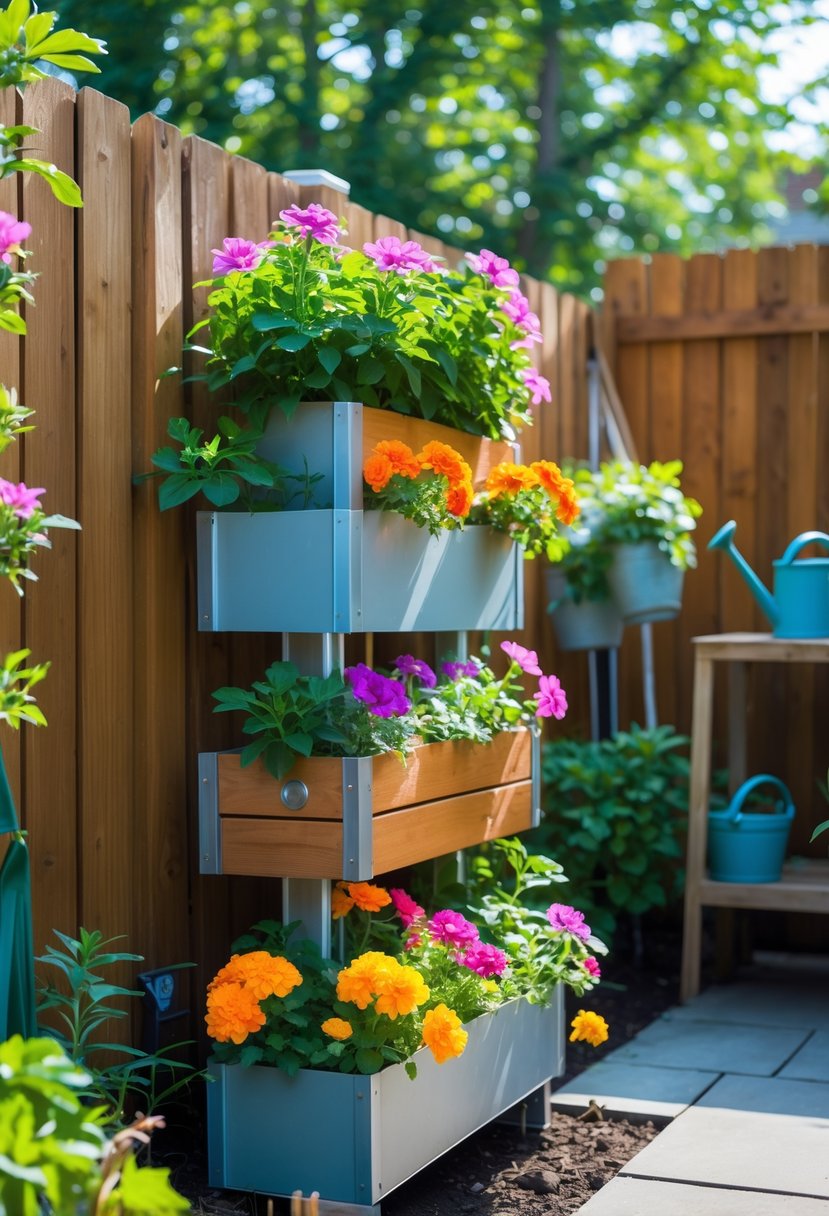 A small backyard garden with colorful flowers growing in vertical planters against a wooden fence, surrounded by green plants and garden tools.
