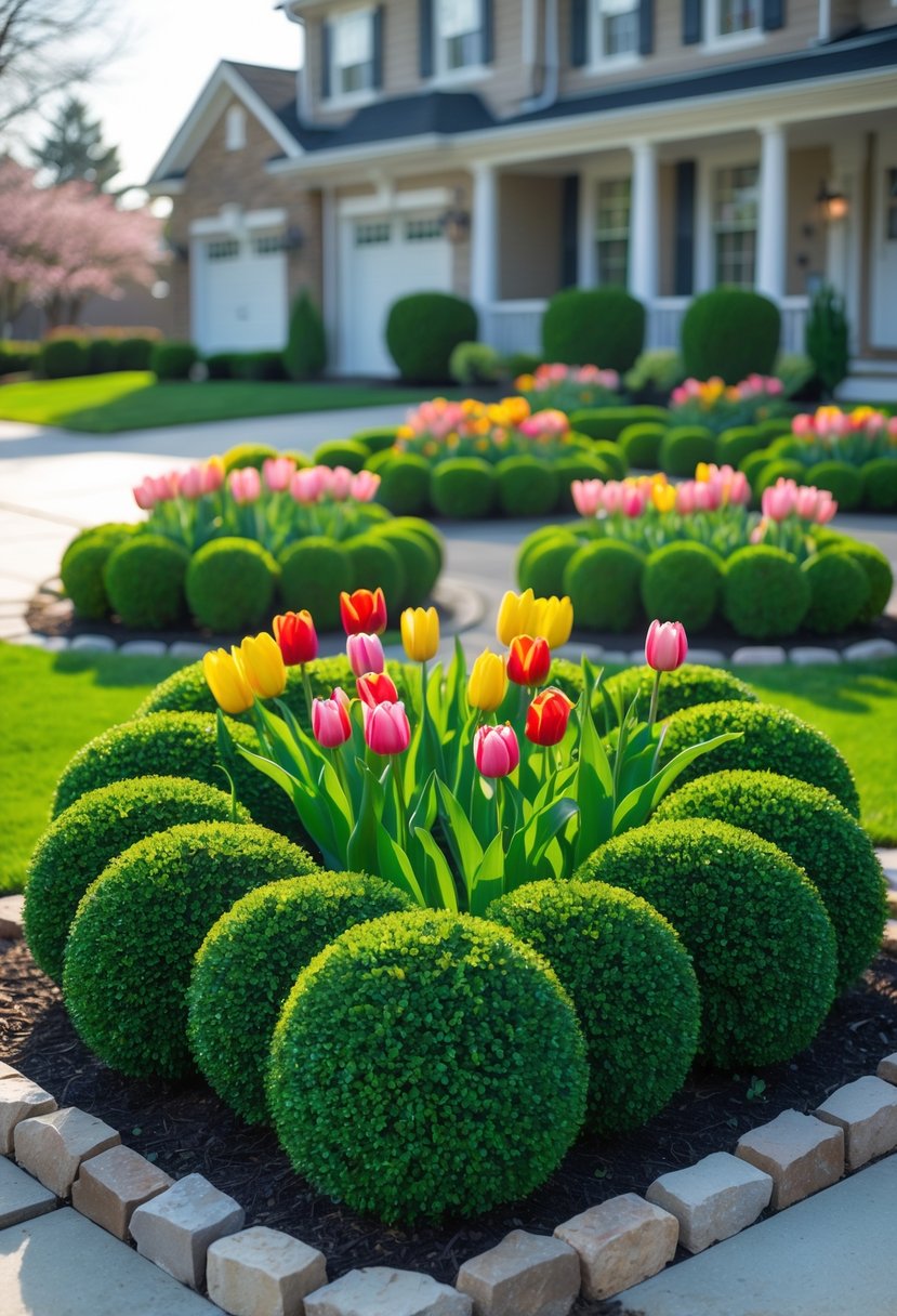 Symmetrical garden bed with trimmed green boxwood shrubs and colorful tulips blooming in front of a house.