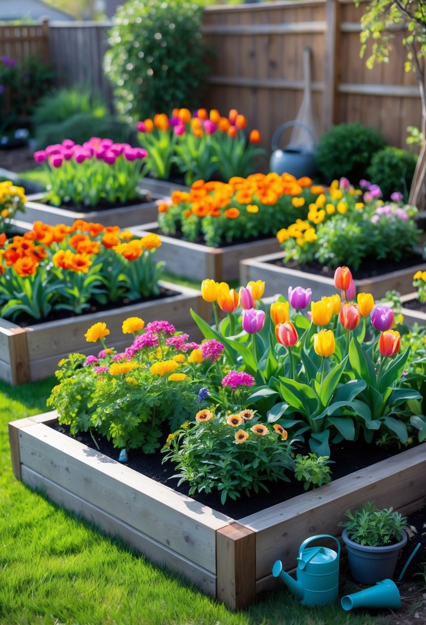 A backyard garden with multiple raised beds filled with colorful seasonal flowers and green plants under natural sunlight.