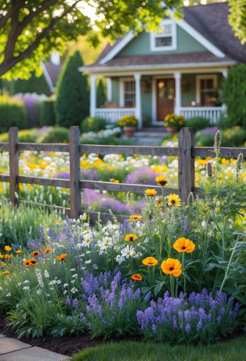 A front yard with a colorful wildflower garden filled with various blooming flowers in front of a house.