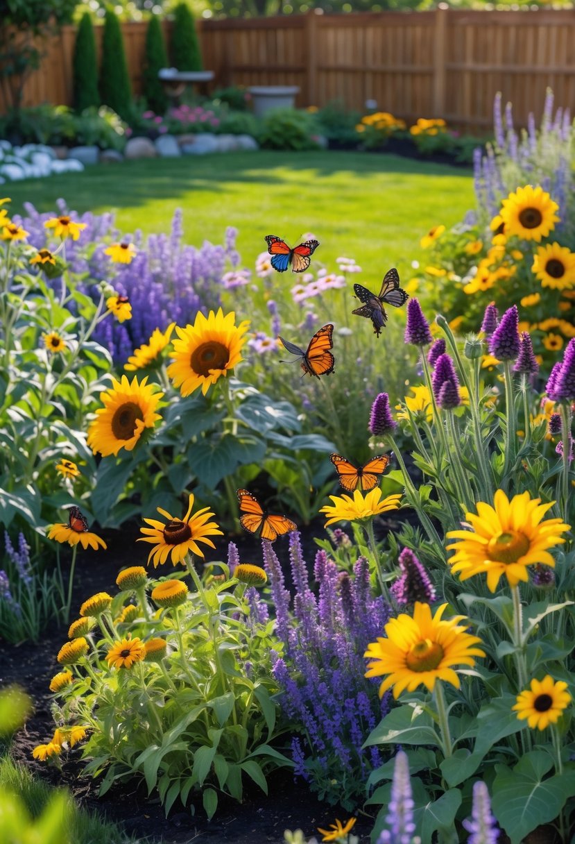 A backyard flower garden with colorful blooming flowers and pollinators like butterflies and bees among the plants.