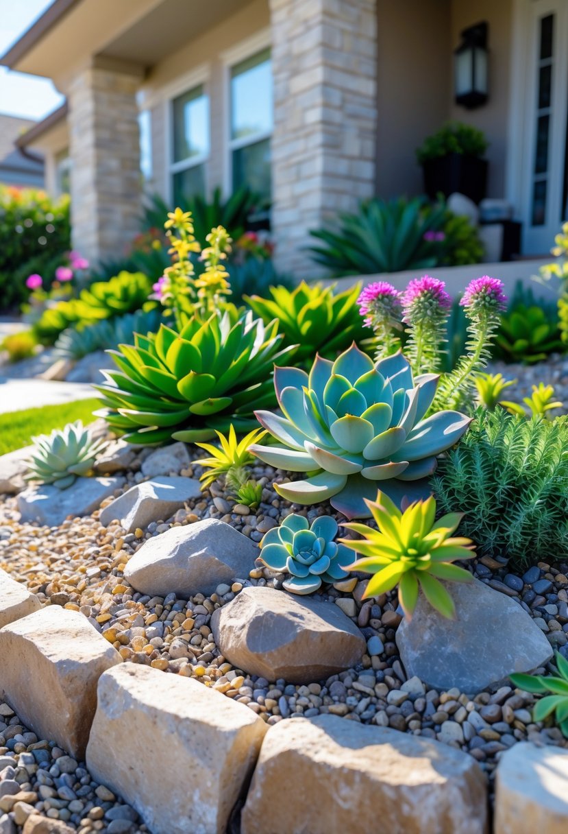 A succulent rock garden bed with colorful flowering plants and natural stones in front of a house.
