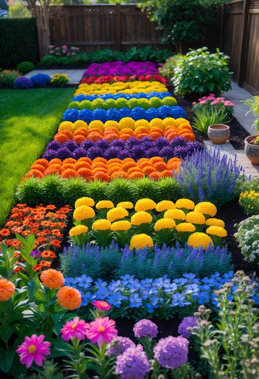 A backyard garden with flower beds arranged in rainbow colors, featuring various vibrant flowers and green plants under natural sunlight.