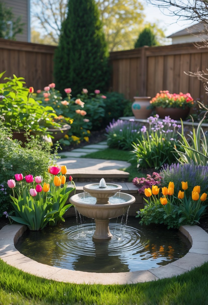 A backyard garden with a small water fountain surrounded by colorful flowers and green plants.