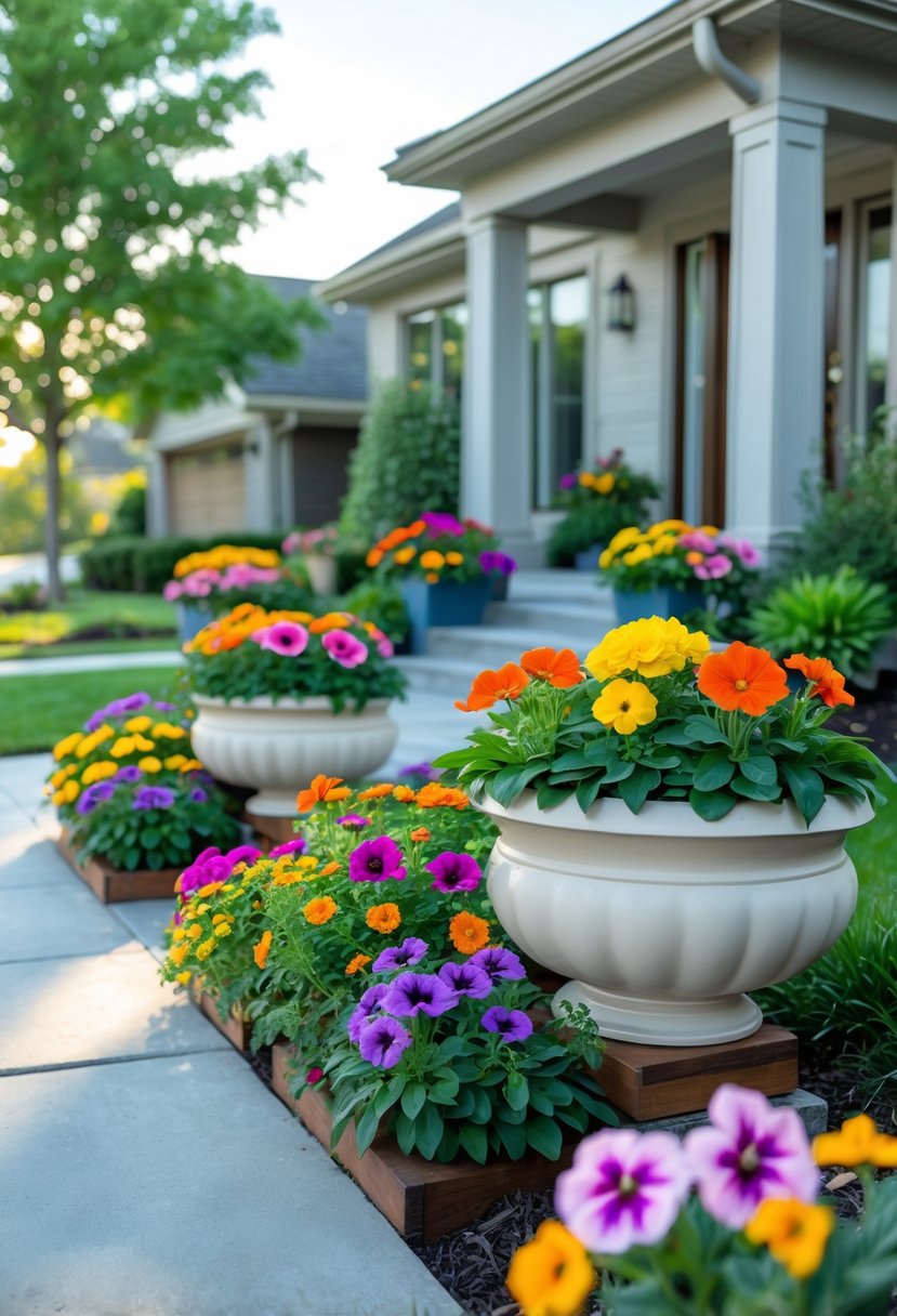 A front yard with tiered planters filled with colorful seasonal flowers arranged along a walkway leading to a house entrance.