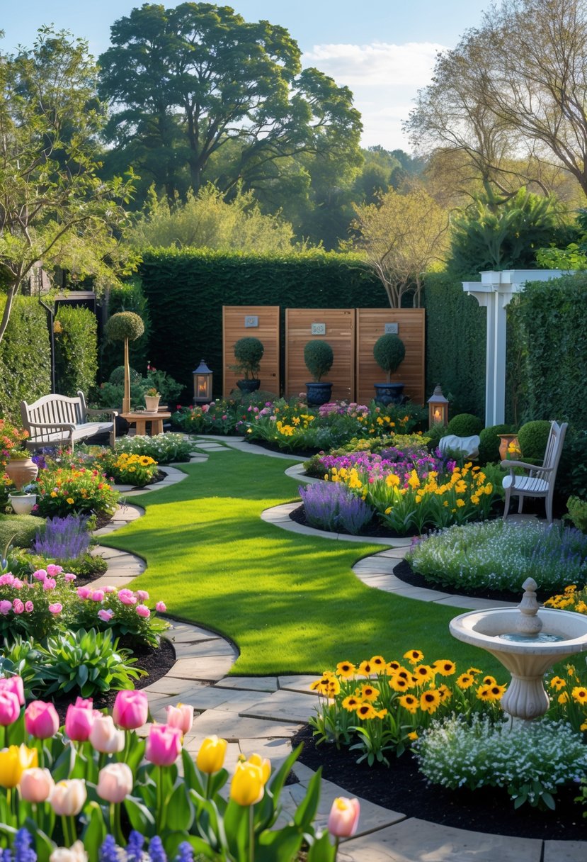A backyard garden with separate flower planting areas, colorful flowers, green grass, garden furniture, and trees under a clear sky.