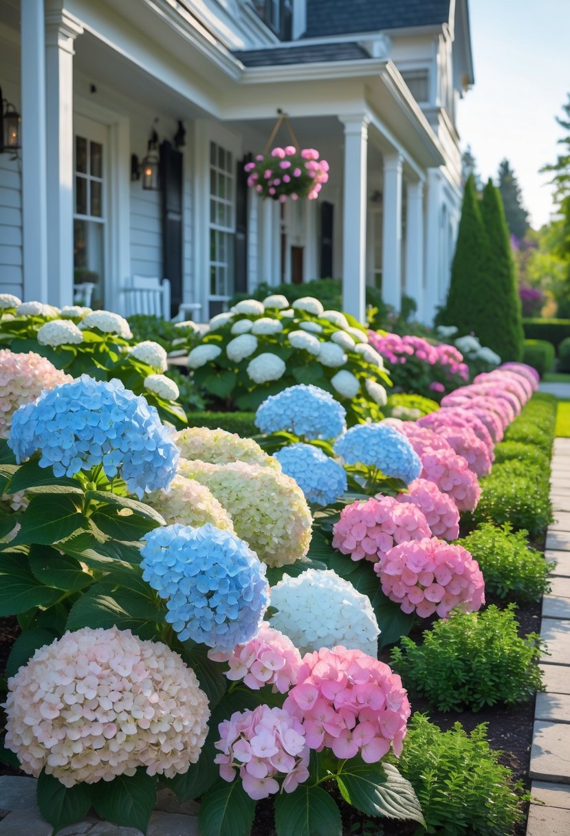 Front yard garden with blooming hydrangeas and azaleas along a stone walkway leading to a house.