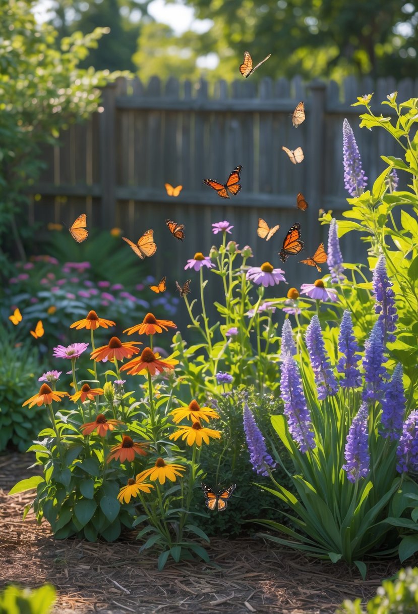 A backyard flower garden filled with native plants and colorful butterflies flying among the blooming flowers.