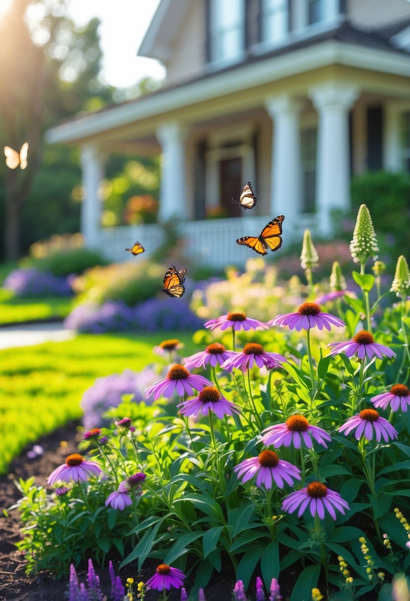 A garden bed in front of a house filled with blooming milkweed and purple coneflowers with butterflies flying among the flowers.