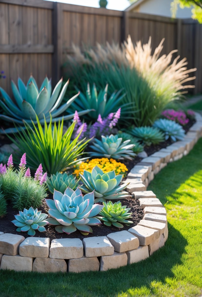 A backyard garden with colorful succulent and drought-tolerant plants arranged in neat borders with stone edging and a wooden fence in the background.