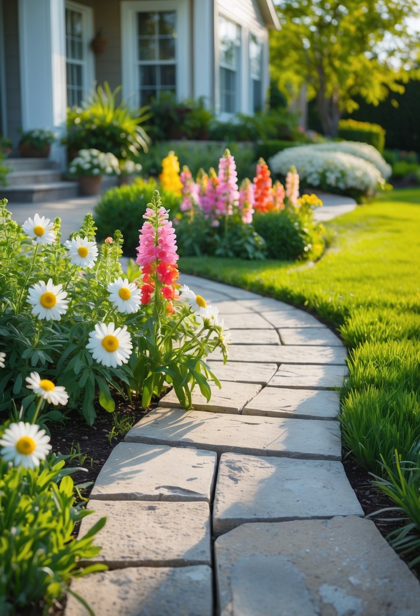 A curved stone pathway lined with white daisies and colorful snapdragons leading through a front yard garden.