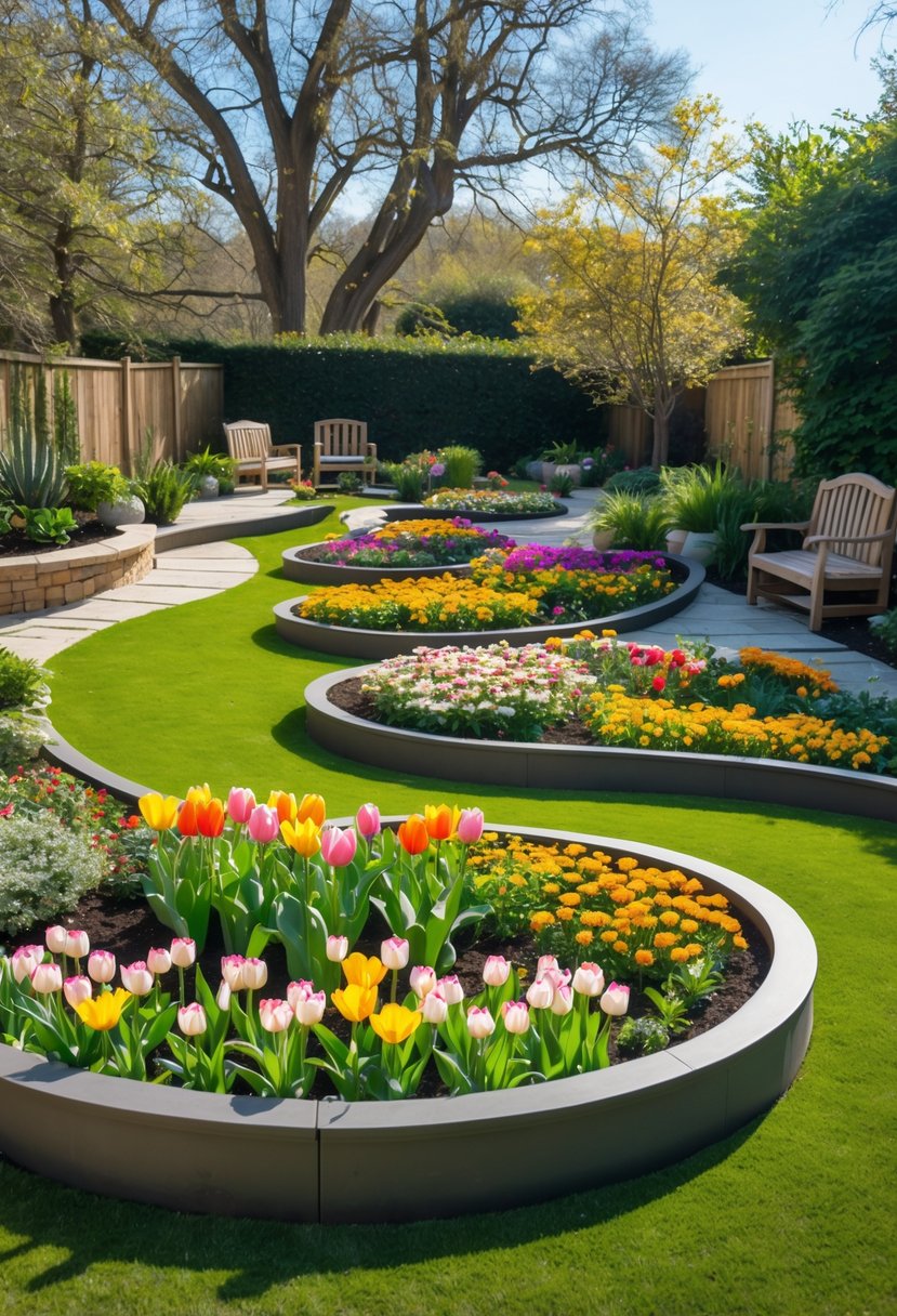 A backyard garden with curved flower beds filled with colorful flowers and green grass under a clear sky.