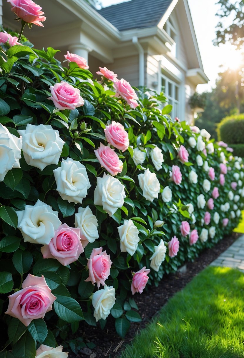 A front garden with a dense hedge of blooming pink roses and white gardenias along a house, surrounded by green leaves and a stone pathway.