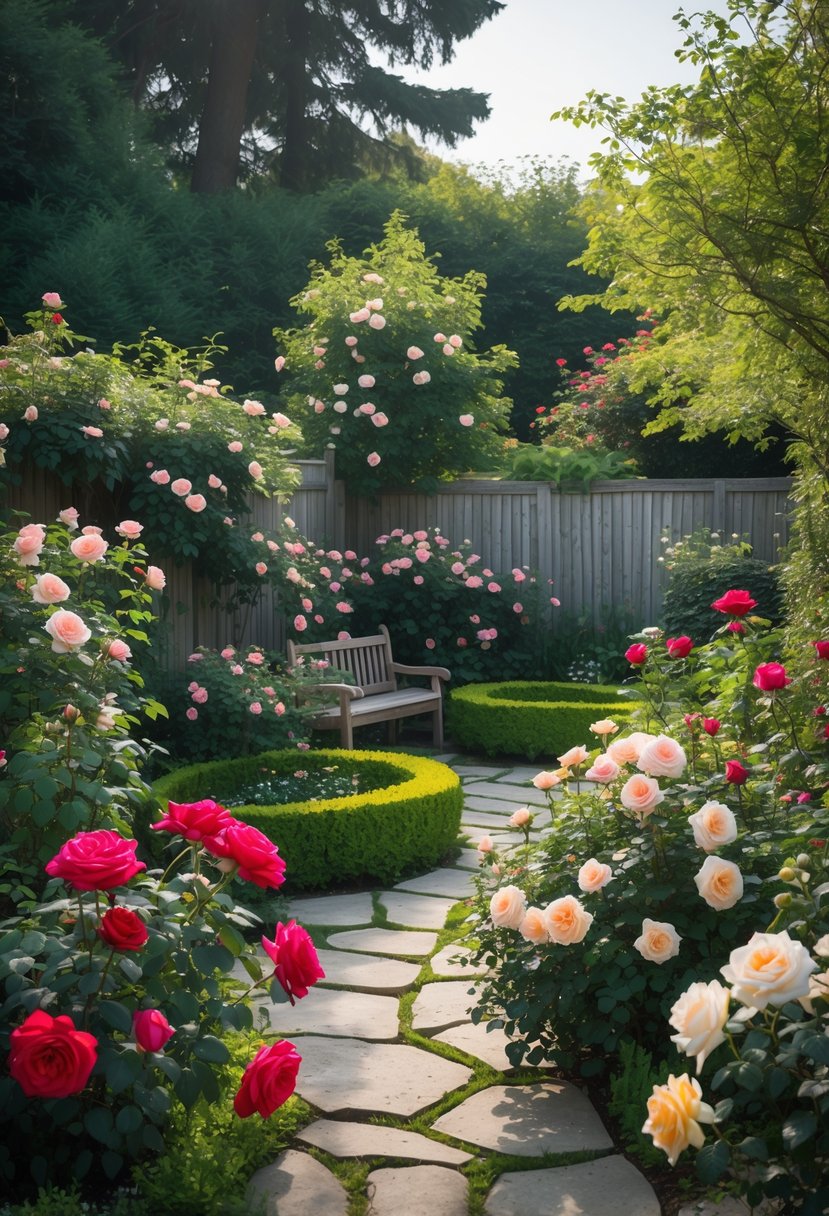 A backyard rose garden with colorful blooming roses, a stone pathway, and a wooden bench surrounded by greenery.