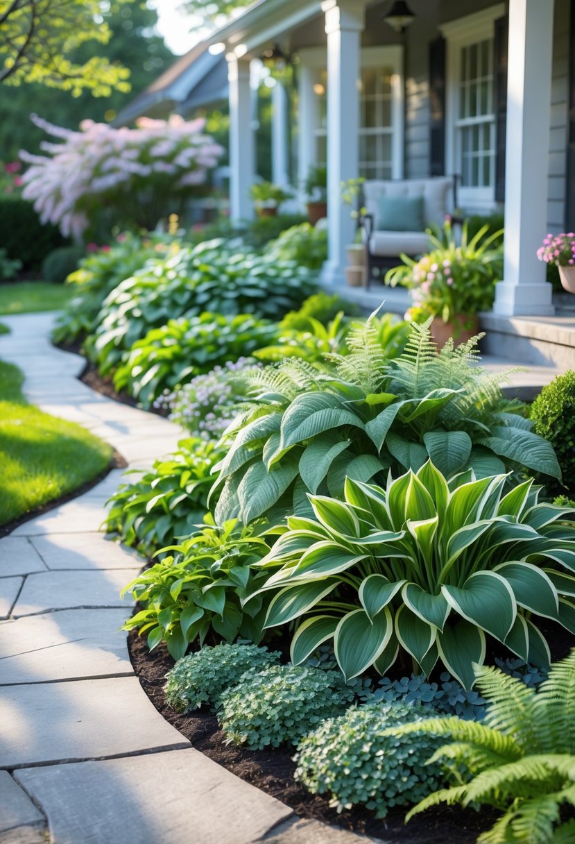 A front garden with green hostas and ferns along a stone pathway leading to a house entrance.
