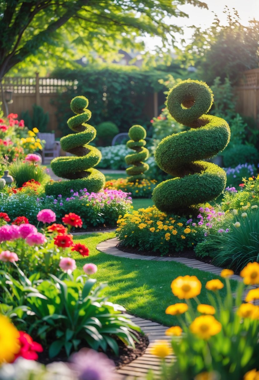 A backyard garden with colorful blooming flowers and green topiary plants shaped into various forms, surrounded by stone pathways and lush grass.