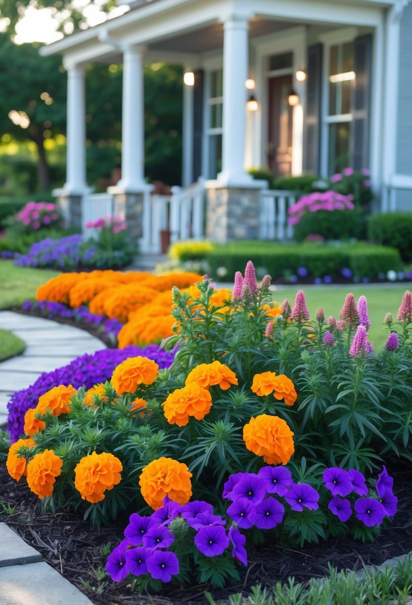 A colorful front yard garden with bright orange marigolds and purple petunias in full bloom in front of a house.