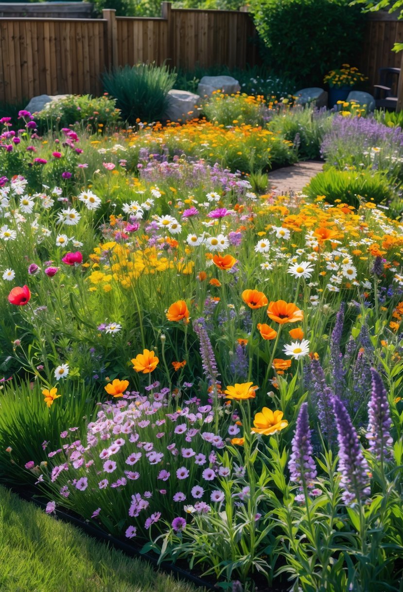 A colorful wildflower meadow patch in a backyard garden filled with various blooming flowers and green grass.