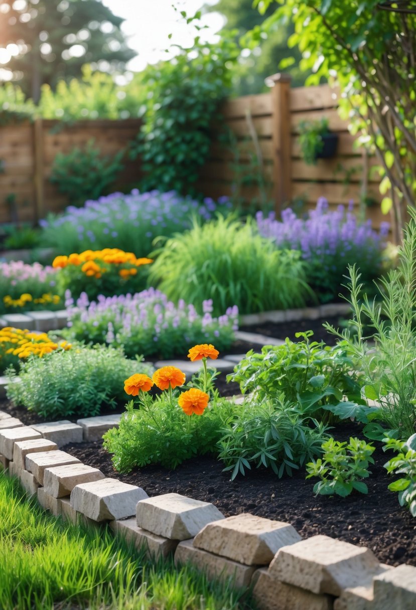 A backyard garden with neatly arranged beds of colorful flowers and green herbs, bordered by natural edging and surrounded by grass.