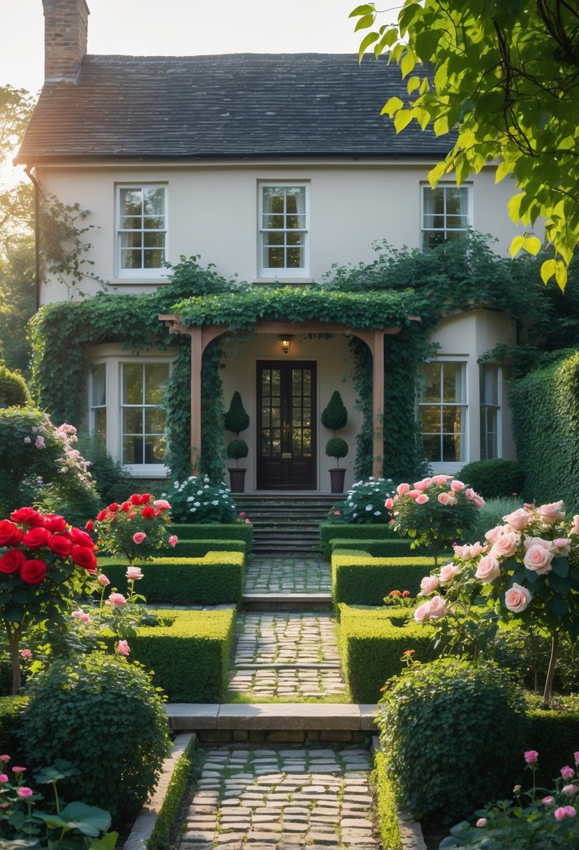 A front yard garden with blooming rose bushes, green ivy climbing a stone wall, cobblestone pathways, and a traditional house partially visible in the background.