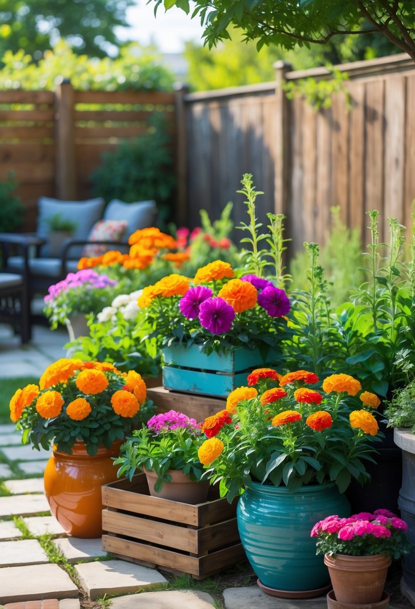 A backyard garden with various colorful flowers growing in different containers surrounded by green plants and garden elements.