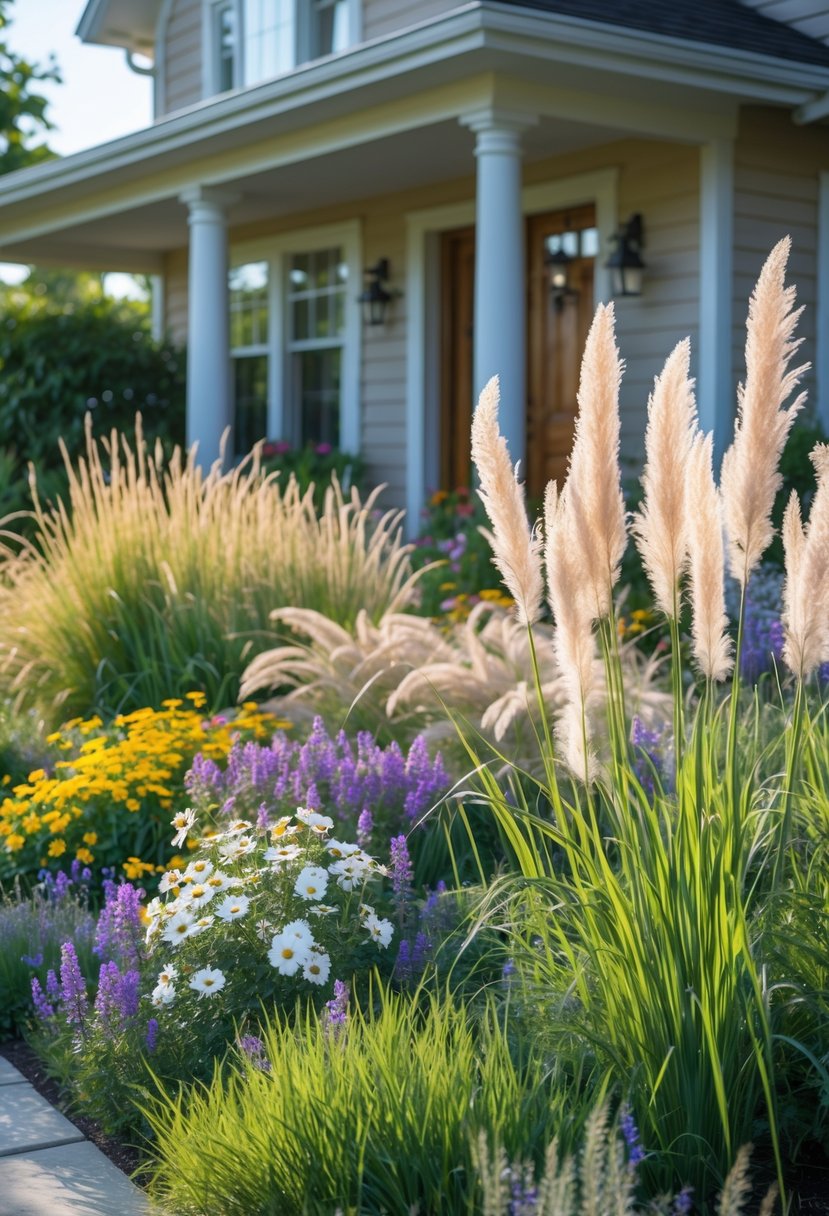 A colorful front garden with native wildflowers and tall ornamental grasses in front of a house.