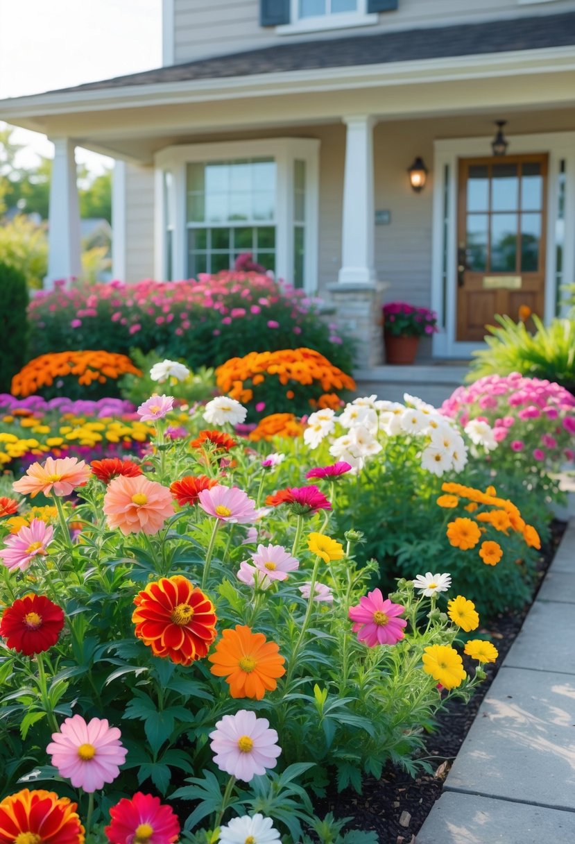 A colorful front garden with bright zinnia and cosmos flowers blooming along a pathway leading to a house entrance.