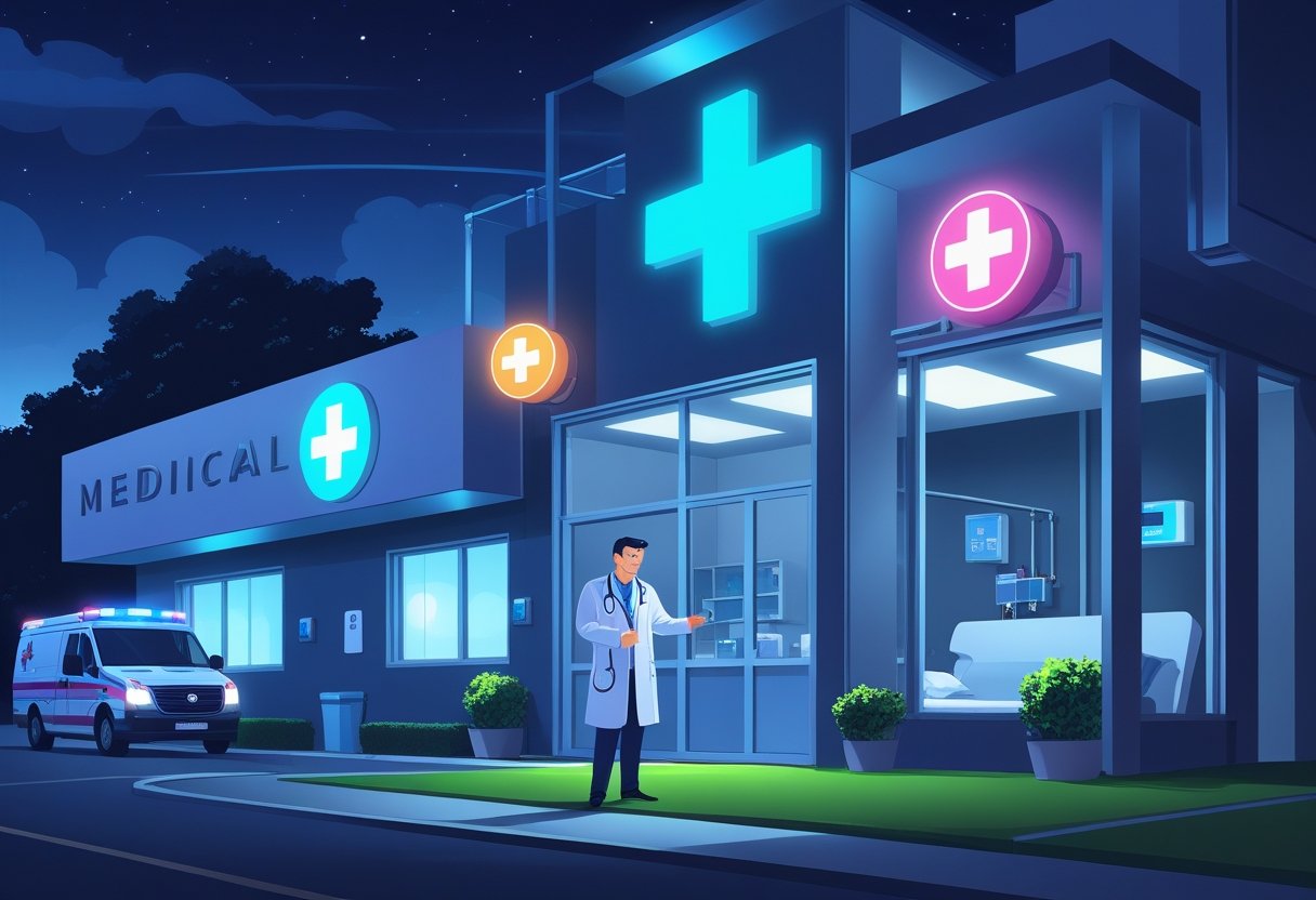 Clínica médica aberta à noite com um médico atendendo um paciente, mostrando serviço médico disponível 24 horas.