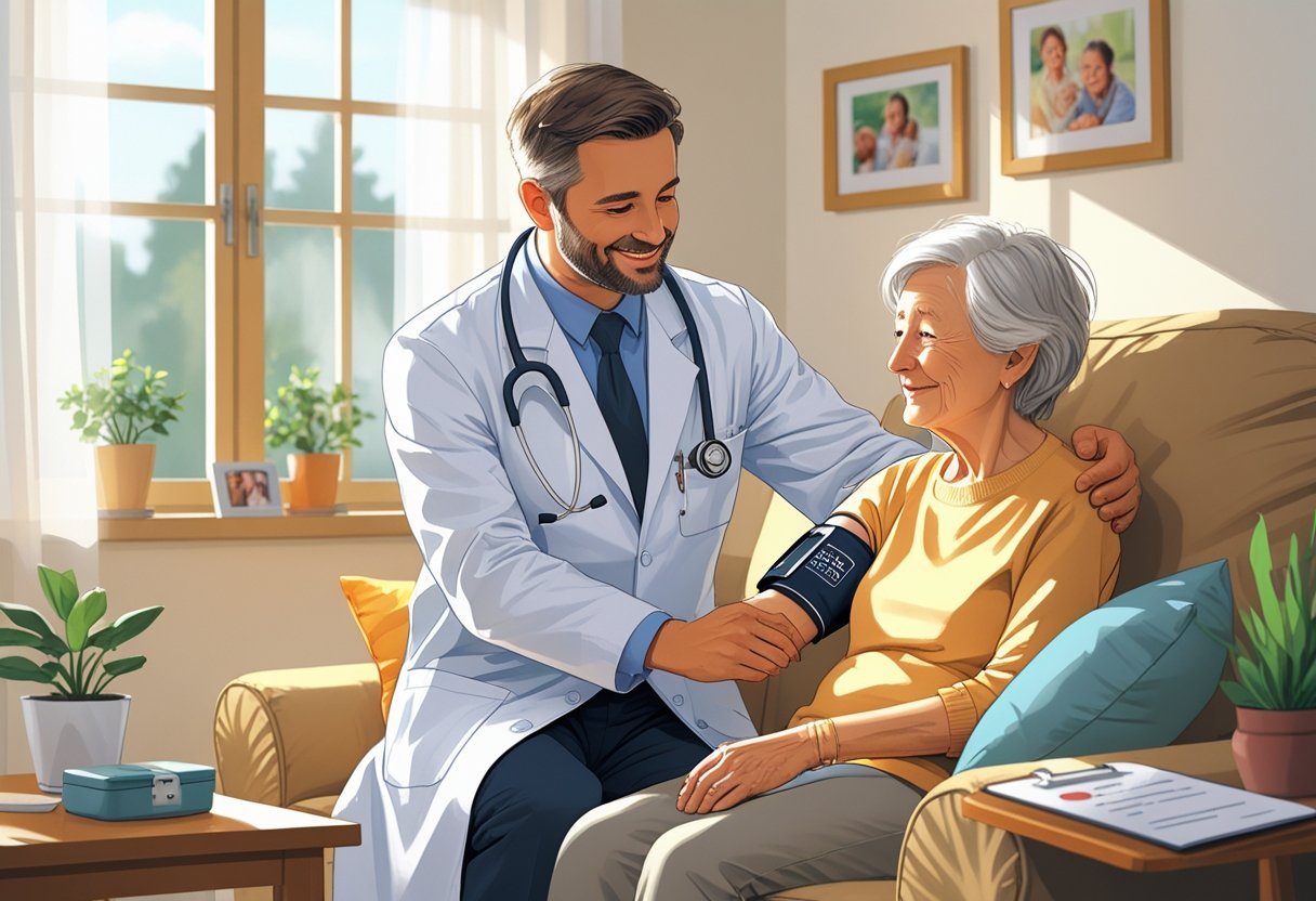 Um médico atendendo um paciente idoso na sala de estar de uma casa, verificando a pressão arterial.