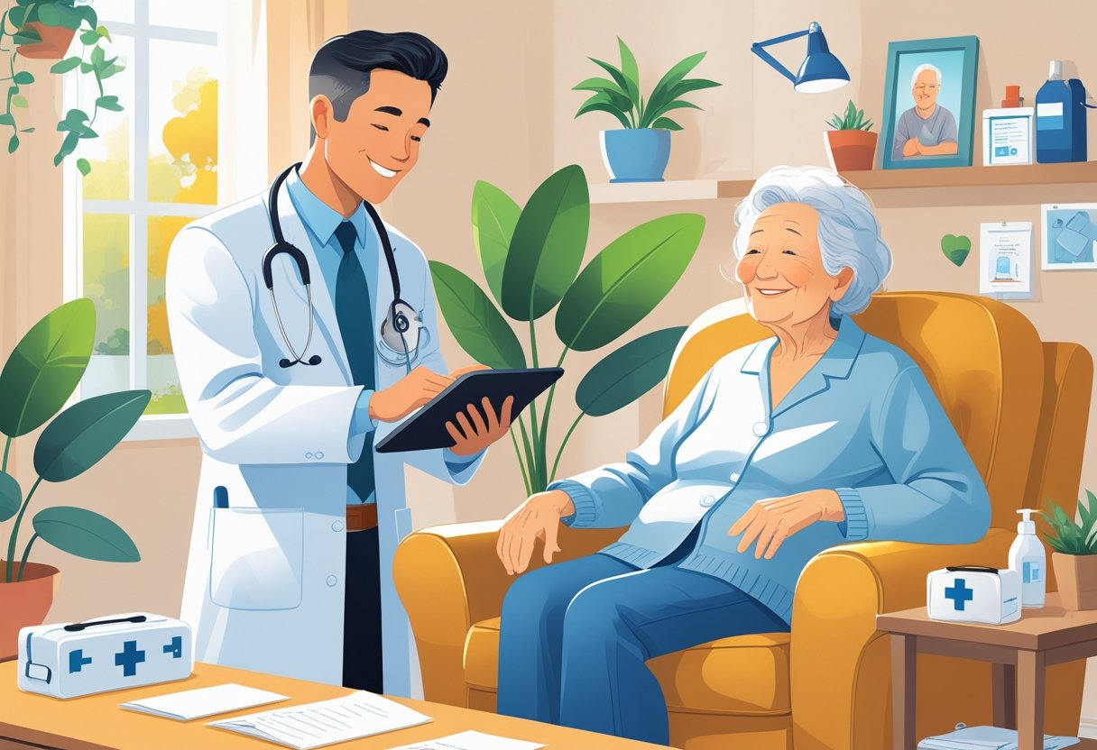 Um médico atendendo com cuidado um paciente idoso sentado em uma sala de estar iluminada e acolhedora, transmitindo conforto e atenção médica em domicílio.