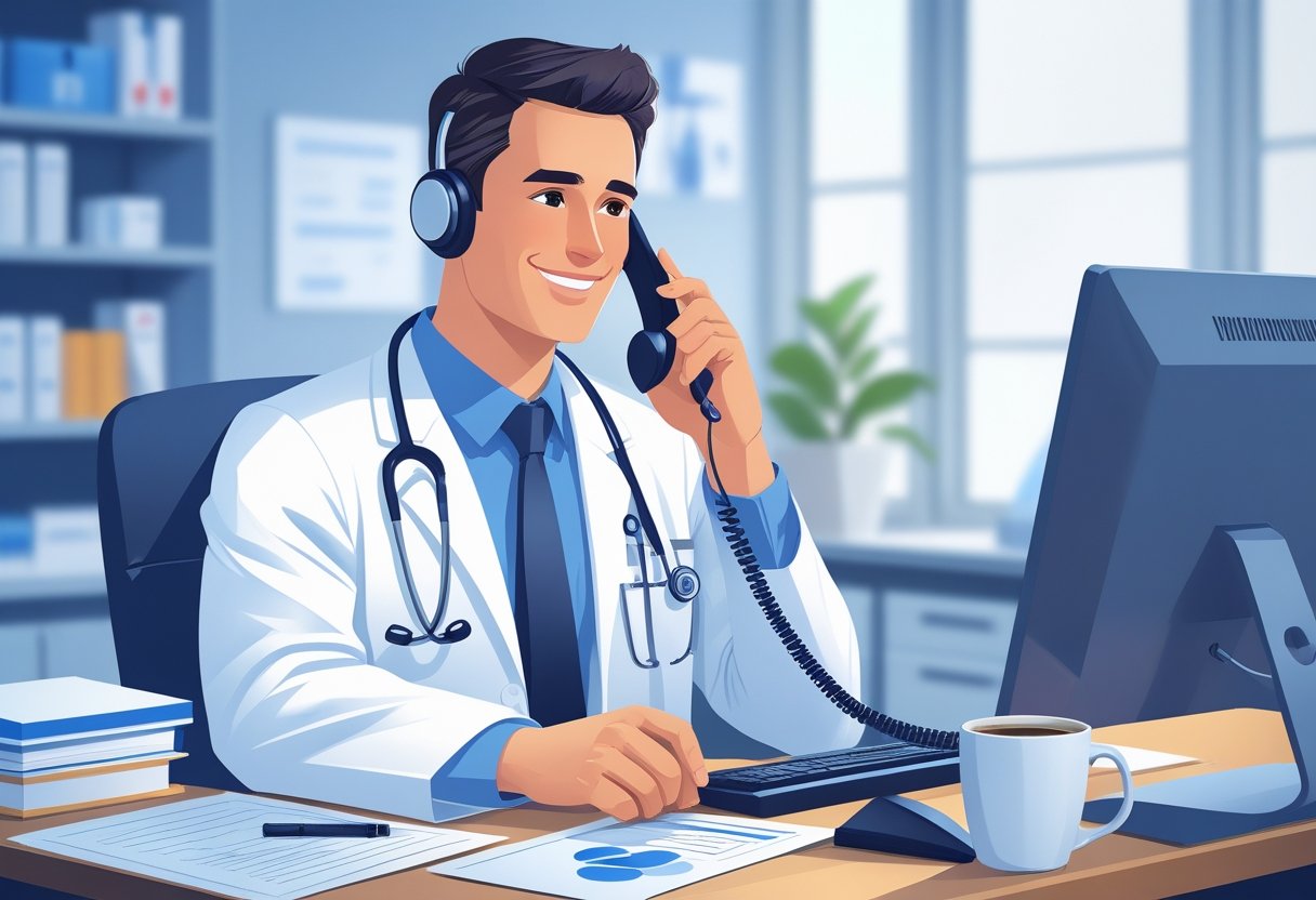 Um médico atendendo uma ligação telefônica em um consultório médico, sentado à mesa com computador e telefone.
