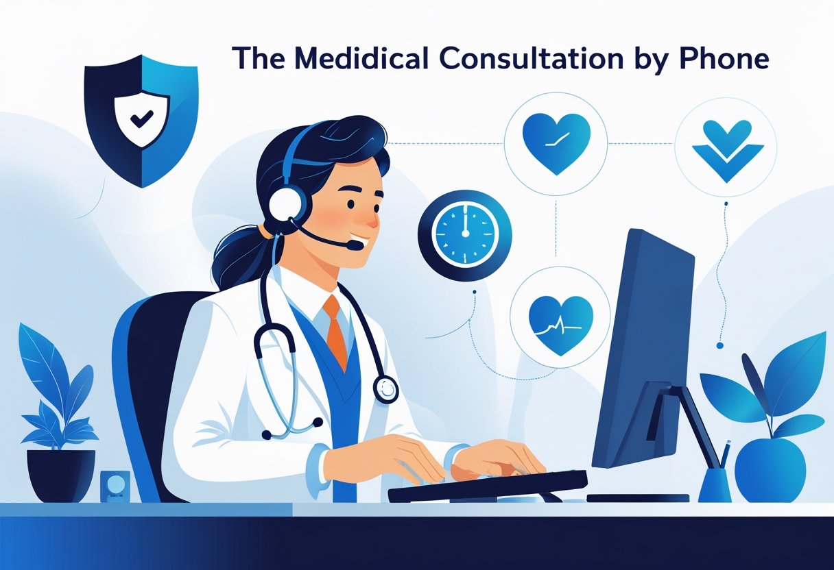 Um médico atendendo uma consulta por telefone, com ícones ao redor representando segurança, economia de tempo, cuidado com a saúde e uso do smartphone.