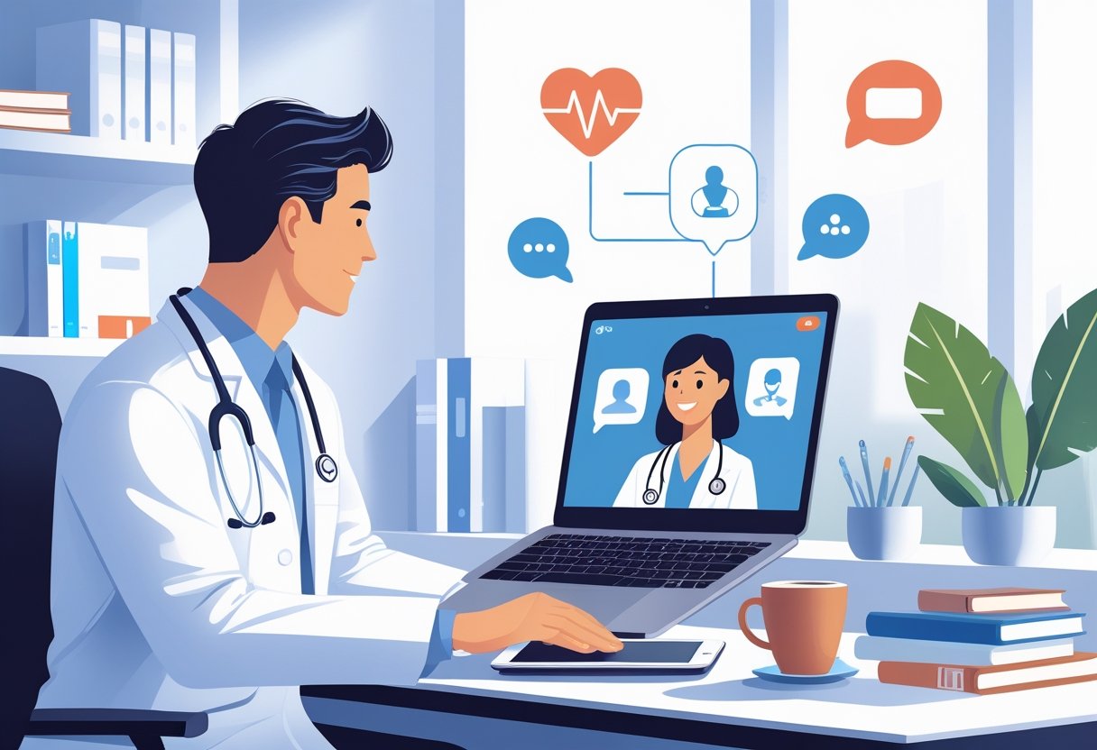 Um médico atendendo um paciente por videochamada em um consultório moderno, com ícones sutis de saúde e tecnologia ao fundo.