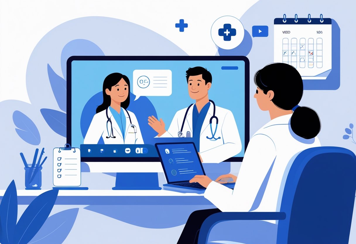 Paciente em casa fazendo consulta médica online com um médico na tela para obter atestado médico.