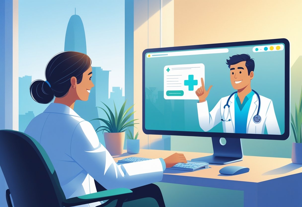 Paciente sentado em casa conversando com médico pela tela do computador, com elementos que remetem à cidade de Curitiba ao fundo.