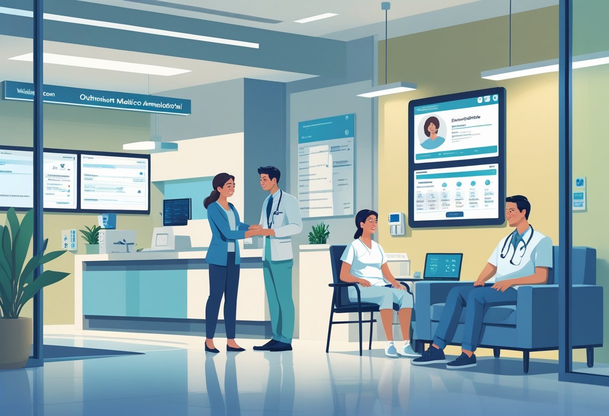 Recepcionista ajudando paciente em clínica médica, médico atendendo paciente em sala de exame, ambiente limpo e organizado com equipamentos médicos.