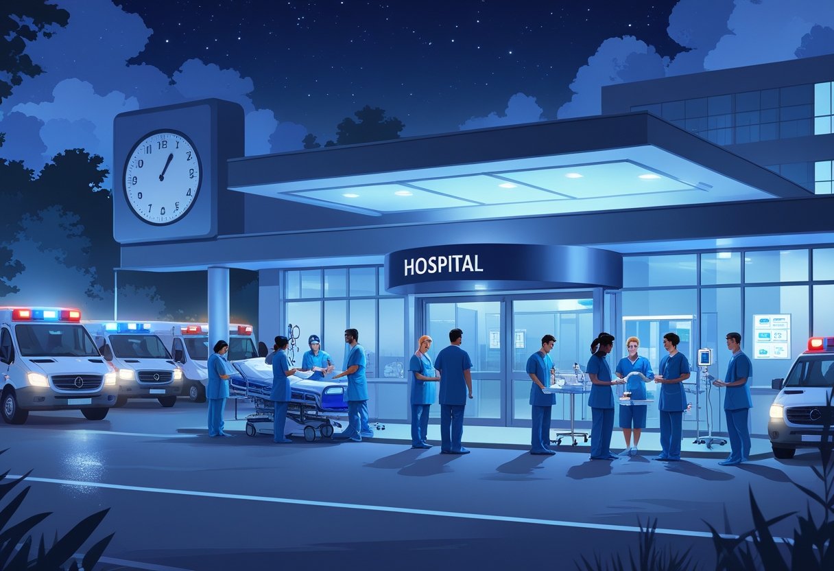 Equipe médica atendendo pacientes em uma sala de emergência de hospital à noite, com equipamentos médicos e ambulâncias do lado de fora.