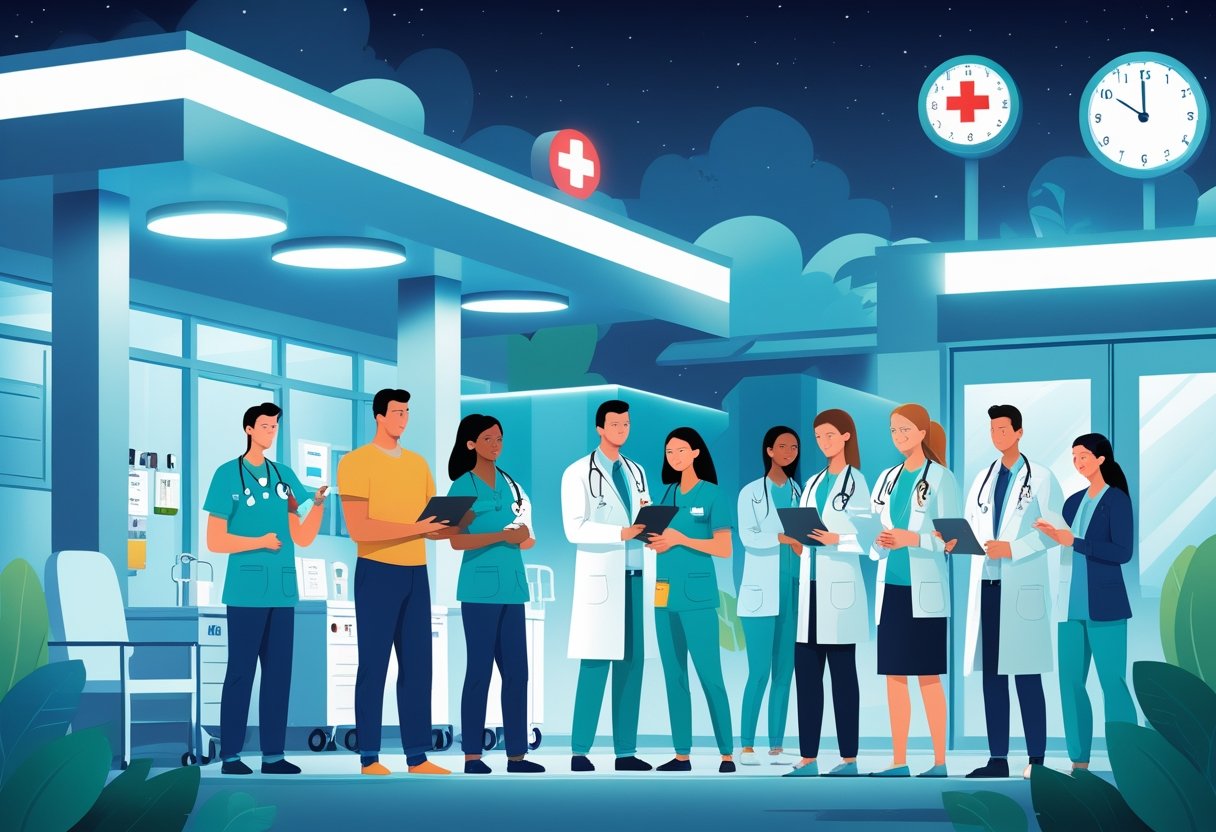 Profissionais de saúde atendendo pacientes em um hospital durante a noite, com ambulância chegando ao fundo e equipamentos médicos visíveis.