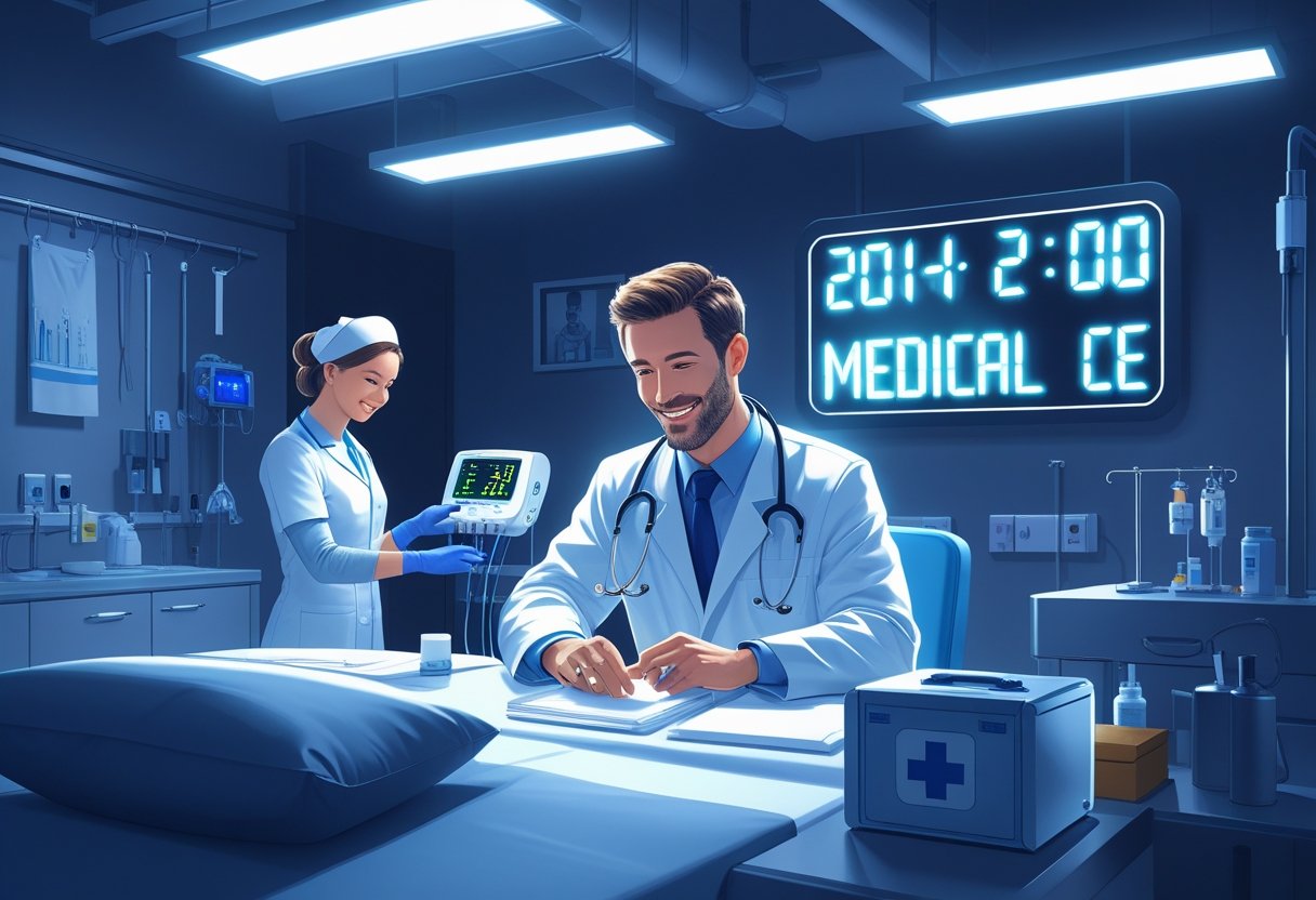 Médico e enfermeira atendendo paciente em hospital moderno à noite, mostrando atendimento médico disponível 24 horas.